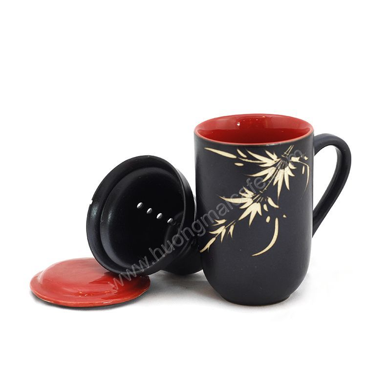 Mug Tea & Filter Set - Black Red Bamboo Flowers