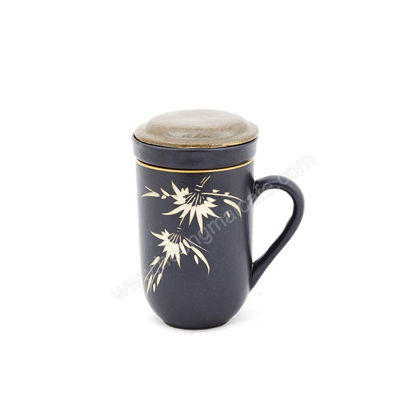 Mug Tea & Filter Set - Black Brown Bamboo Flowers